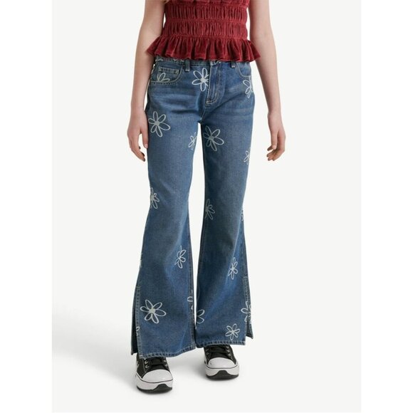 Justice Girls Wide Leg Flower SZ 16 Jeans Side Slit Y2K Floral Denim Daisy 70's - Picture 3 of 15